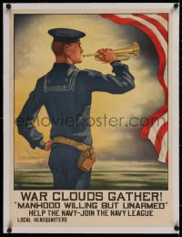 2b343 WAR CLOUDS GATHER linen 19x25 WWI war poster 1917 Roberts art of Navy sailor with bugle, rare!
