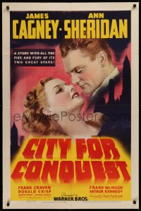 2c118 CITY FOR CONQUEST 1sh 1940 romantic c/u of boxer James Cagney & beautiful Ann Sheridan, rare!