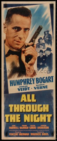 2c057 ALL THROUGH THE NIGHT insert 1942 fantastic close image of tough Humphrey Bogart holding gun!