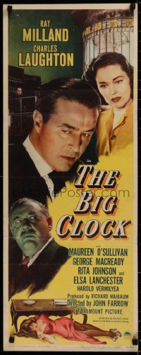 2c058 BIG CLOCK insert 1948 Ray Milland, Charles Laughton, Maureen O'Sullivan, film noir!