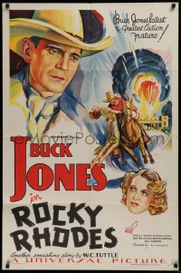 2c139 ROCKY RHODES 1sh 1934 great montage art of cowboy Buck Jones saving the day, very rare!