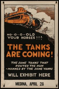 2c303 TANKS ARE COMING 25x38 special poster 1910s Lentz art, exhibition of WWI tanks after the war!