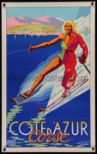 2c278 COTE D'AZUR CORSE 25x40 French travel poster 1940 Edouard art of girl skiing on snow & water!