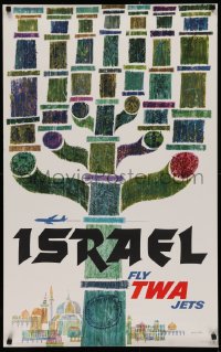 2c282 TWA ISRAEL 25x40 travel poster 1960s great art of Menorah & Jerusalem by David Klein!