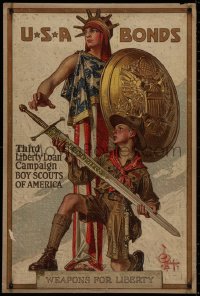 2c302 USA BONDS 20x30 WWI war poster 1918 Leyendecker art of Boy Scout giving sword to Lady Liberty!