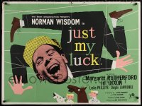 2f382 JUST MY LUCK British quad 1957 art/image of laughing Norman Wisdom, people on horseback!