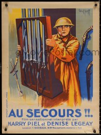 2f273 AU SECOURS French 24x32 1925 art of soldier Harry Piel carrying gun rack by Gaillant!