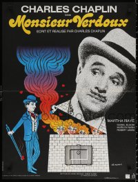 2f290 MONSIEUR VERDOUX French 23x30 R1973 cool art of Charlie Chaplin as gentleman Bluebeard!