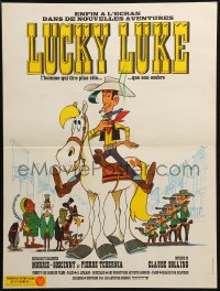 2f318 LUCKY LUKE French 16x21 1971 great cartoon art of the smoking cowboy hero on his horse!