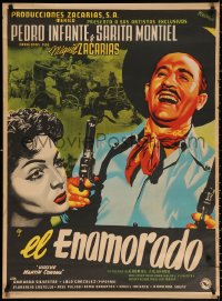 2f066 EL ENAMORADO Mexican poster 1952 Josep Renau art of laughing man with 2 guns & sexy girl!