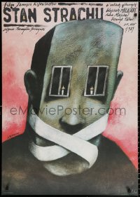 2f093 STATE OF FEAR Polish 26x37 1989 wild Andrzej Pagowski art of gagged man with windows for eyes!