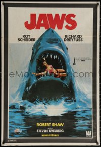 2f177 JAWS Turkish 1981 best different art of classic man-eating shark with sexy girl in mouth!