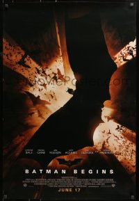 2g468 BATMAN BEGINS advance DS 1sh 2005 June 17, image of Christian Bale in title role flying w/bats!