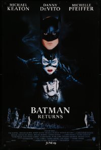 2g472 BATMAN RETURNS int'l advance 1sh 1992 Burton, Keaton, DeVito, Pfeiffer, cool white date design!