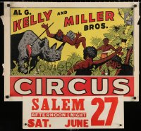 2g050 AL G. KELLY & MILLER BROS. CIRCUS 21x28 circus poster 1950s wild art of rhino attack!