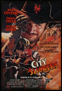 2g533 CITY SLICKERS advance 1sh 1991 great artwork of cowboys Billy Crystal & Daniel Stern!