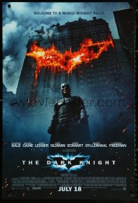 2g553 DARK KNIGHT int'l advance DS 1sh 2008 Christian Bale as Batman in front of burning bat symbol!