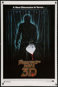 2g614 FRIDAY THE 13th PART 3 - 3D 1sh 1982 slasher sequel, art of Jason stabbing through shower!