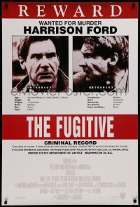 2g623 FUGITIVE recalled int'l 1sh 1993 Harrison Ford is on the run, cool wanted poster design!