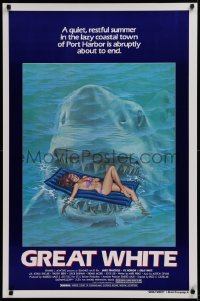 2g654 GREAT WHITE 1sh 1982 great artwork of huge shark attacking girl in bikini on raft!