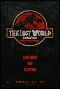 2g717 JURASSIC PARK 2 teaser DS 1sh 1997 Spielberg, classic logo with T-Rex over red background!
