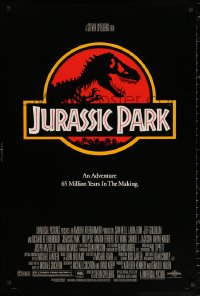 2g715 JURASSIC PARK DS 1sh 1993 Steven Spielberg, classic logo with T-Rex over red background