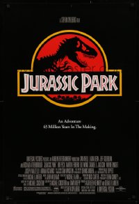 2g713 JURASSIC PARK 1sh 1993 Steven Spielberg, classic logo with T-Rex over red background!