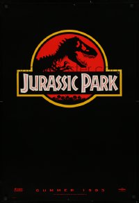 2g716 JURASSIC PARK teaser 1sh 1993 Steven Spielberg, classic logo with T-Rex over red background