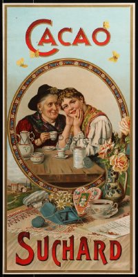 2g216 CACAO SUCHARD paperbacked 14x29 Czech advertising poster 1900s women enjoying hot chocolate!