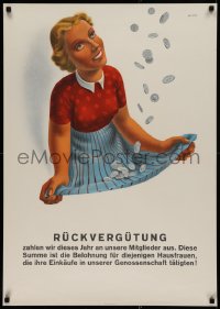 2g394 RUCKVERGUTUNG 25x36 Swiss special poster 1950s Ernst art of woman catching coins in her dress!