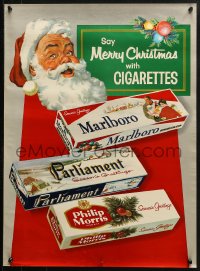 2g248 SAY MERRY CHRISTMAS WITH CIGARETTES 19x26 advertising poster 1950s art of Santa & cigs!