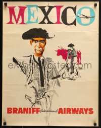 2g084 BRANIFF INTERNATIONAL AIRWAYS MEXICO 20x26 travel poster 1960s Hinate art of matadors & bull!
