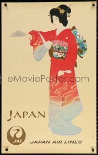 2g089 JAPAN AIR LINES JAPAN 24x38 Japanese travel poster 1960s Shoen Uemura geisha girl art!