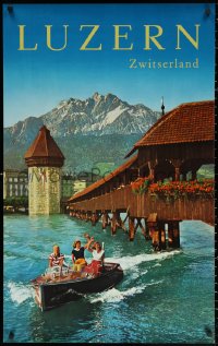 2g091 LUCERNE SUISSE 25x40 Swiss travel poster 1960s sexy women passing the Kapellbrucke bridge!