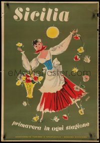 2g098 SICILIA 27x39 Italian travel poster 1955 Artass artwork of dancing girl w/flowers!