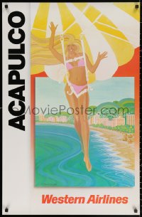 2g103 WESTERN AIRLINES ACAPULCO 24x37 travel poster 1970s parasailing woman in a bikini by Leick!