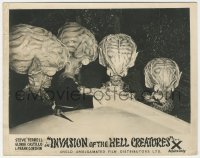 2h466 INVASION OF THE SAUCER MEN English FOH LC 1957 c/u of 4 wacky cabbage head aliens by car!