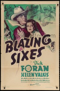 2j137 BLAZING SIXES 1sh 1937 cool artwork of cowboy Dick Foran with two pistols & Helen Valkis!