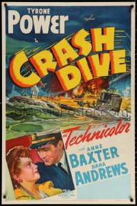 2j234 CRASH DIVE 1sh 1943 art of Tyrone Power & Anne Baxter + burning military submarine!