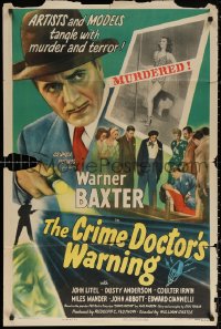 2j239 CRIME DOCTOR'S WARNING 1sh 1945 detective Warner Baxter, artists & models tangle with murder!