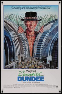 2j240 CROCODILE DUNDEE 1sh 1986 cool art of Paul Hogan looming over New York City by Daniel Goozee!