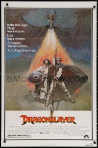 2j280 DRAGONSLAYER 1sh 1981 cool Jeff Jones fantasy artwork of Peter MacNicol w/spear & dragon!