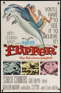 2j336 FLIPPER 1sh 1963 Chuck Connors, Luke Halpin, Reynold Brown art of boy & dolphin!