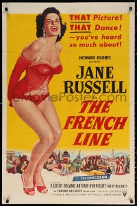2j345 FRENCH LINE 2D 1sh 1954 Howard Hughes, art of sexy Jane Russell in skimpy outfit!