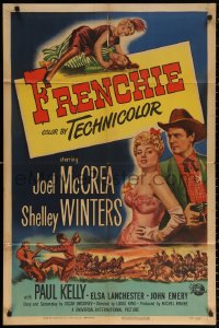 2j347 FRENCHIE 1sh 1951 sexy lace-trimmed Shelley Winters with sheriff Joel McCrea!