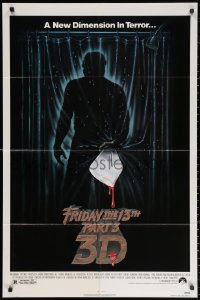2j349 FRIDAY THE 13th PART 3 - 3D 1sh 1982 slasher sequel, art of Jason stabbing through shower!