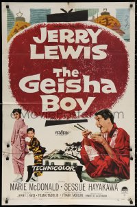 2j366 GEISHA BOY 1sh 1958 screwy Jerry Lewis visits Japan, cool paper lantern art!