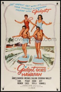2j381 GIDGET GOES HAWAIIAN 1sh 1961 best image of two guys surfing with girls on their shoulders!