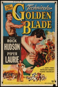 2j391 GOLDEN BLADE 1sh 1953 close-up art of Rock Hudson & sexy Piper Laurie!