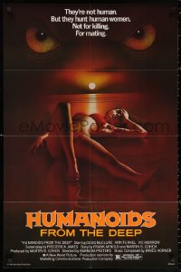 2j449 HUMANOIDS FROM THE DEEP 1sh 1980 art of monster looming over sexy girl on beach!